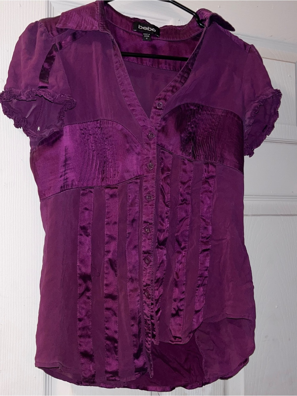 bebe Purple Satin-Trim Button Down Blouse